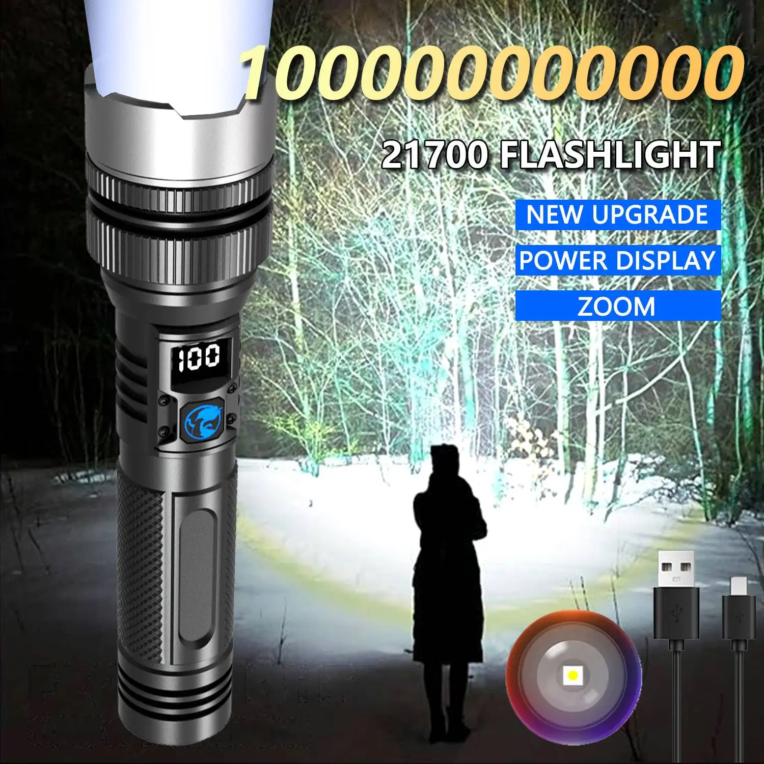 Lampe de poche LED rechargeable nouvelle génération (puissance extrême), 3 modes d'éclairage, fonction batterie externe, zoom télescopique, batterie 21700.