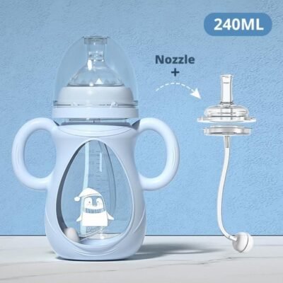 Biberon en verre antichoc avec poignée et paille pour bébé