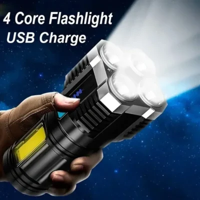 Lampe de poche LED haute puissance pour le camping avec 4 sources lumineuses et éclairage latéral COB, rechargeable et portable, 4 modes d'éclairage.