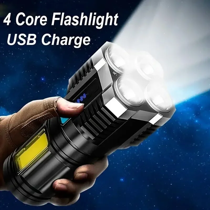 Lampe de poche LED haute puissance pour le camping avec 4 sources lumineuses et éclairage latéral COB, rechargeable et portable, 4 modes d'éclairage.